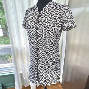 Vintage 70s top/tunic, black, white, brown abstract op-art pattern, mini dress